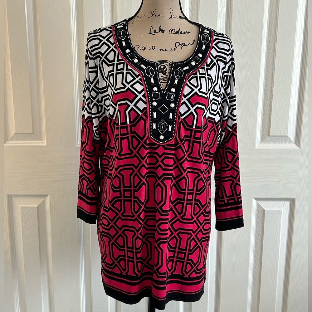 JM Collection Pink Black White Geometric Tunic